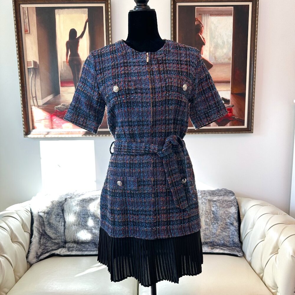 Venus Belted Tweed Navy Multicolored Dress, Size 4